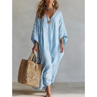 Women's Summer Striped Maxi Dress Loose Fit V-Neck 3/4 Sleeve Boho Long Dress Casual Flowy Beach Vacation Sundress Female
