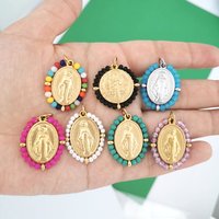 Virgin Mary Pendant Charm Necklace Women Choker Beads Chain Gold Silver Color PVD Rainbow Colorful Jewelry Stainless Steel