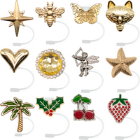 1/12PCS Gold Silicone Straw Cover,8mm Metal Kawaii Straw Topper Butterfly Plug for Girls, Dustproof Straw Cap Accessories