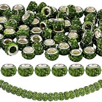 80Pcs Polymer Clay Rhinestone European Large Hole Beads with Silver Color Plated Brass Cores Rondelle Peridot 11~12x7~7.5mm