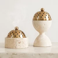 Travertine Stone Mabkhara Burner Luxury Oud Mubkhar Censer Natural Marble Incense Bakhoor Burner with Brass Cover