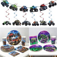 Monster Truck Party Supplies Disposable Tableware Banner Hanging Swirls Paper Plate Cup Napkin Boy Racing Birthday Party Decor