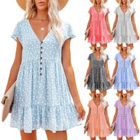 2025 Summer New Women's Short-sleeved Dress V-neck Button Small Floral Loose Fashion Pastoral Vacation Beach Mini Skirt