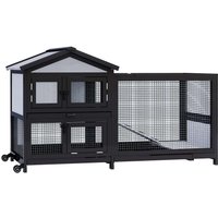 df-Wood Rabbit Hutch & Cage Outdoor & Indoor 2-Story Chicken Coop Guinea Pig Cage on Wheels Waterproof Roof~