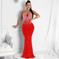 Elegant Crystal Rhinestones Pearls Mermaid Maxi Dress Women Wedding Evening Backless Birthday Party Night Club Prom Long Dresses
