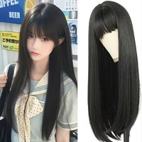 Black synthetic wig with long straight hair - Halloween party cosplay hair accessory - everyday wig - high temperature hair band