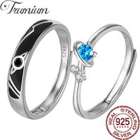 Trumium Solid 925 Sterling Silver Blue Zircon Planet Couple Open Rings For Women Men Original Girlfriend Jewelry Romantic Gift
