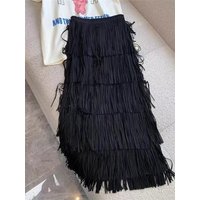 High Elastic Waist Red Pleated Tassels Long Elegant Half-body Skirt Women Fashion Tide New Spring Autumn 2024