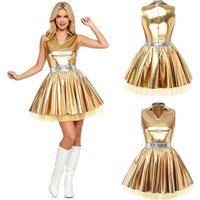 Womens Disco Bar Dress Lapel V Neck Sleeveless A-line Hem with Tulle Layers Metallic Mini Tutu Dress for Night Club Pole Dancing