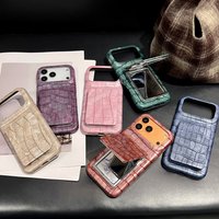 Retro Fashion Leather Imitation Crocodile Skin Texture Cover Case For iPhone 17 16 15 14 13 Pro Max with Flip-up Mirror Holder