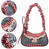 All-match Sweet French Stick Handbag Denim Blue Bow Plaid Shoulder Bag Large Capacity Lace Ribbon Cloth Underarm Bags Daily