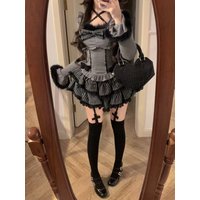 Preppy Style Hot Girl Korean Style Slim Grey Tow-piece Set Women Vintage Gothic Warm Elegant Bow Slash Neck Thin Spring Outfits