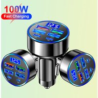 100W 6-Ports USB Type-C Car Charger With Voltage Display PD Fast Charging Power Adapter For Iphone Android Smart Phone Tablet