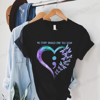 Semicolon Dragonfly Heart Shirt Women's Casual T-shirt Harajuku Women's Tees Mental Health Awareness Tee Women's T-shirt Clothes