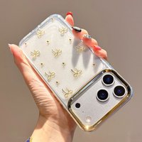 Transparent 3D Golden Bowknot Glitter Bumper Case For iPhone 17 Air 16 15 14 13 12 11 Plus Pro Max Clear Protection Shiny Cover