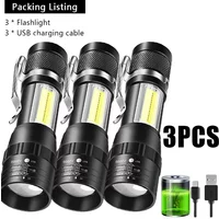 Portable Rechargeable LED Flashlight with Pen Clip Zoomable Waterproof Torch with Side Light Outdoor Camping Emergency Lantern