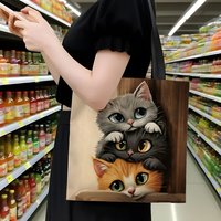 1pc Stacked Cute Kittens Canvas Tote Bag – Adorable Realistic Cat Family Peeking Print, Eco-Friendly Pet Lover Shoulder Bag, Lig