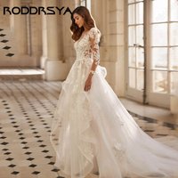 RODDRSYA Charming A-line Wedding Dresses Long Sleeve Tiered Tulle Bride Gowns Applique Lace Scoop vestidos de novia Customized