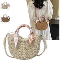 Straw Bag Large Capacity Handmade Half-Moon Rattan Woven Shoulder Crossbody for Women Summer Beach Vacation Chic Drawstring Tote