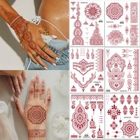 6 Sheets India Mehndi Design Brown Red Maroon Tattoo Stickers, Water Transfer Fake Henna Tattoos For Women Full Hand Tattoos