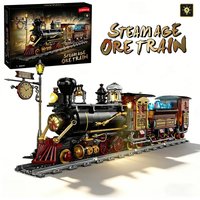 1402PCS Creative Steam Age Ore Train Building Blocks Exquisite Collectibles With LED Light Construction Bricks Toy Gift