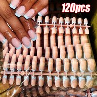 120pcs Short Square Blue French Tips Press on Nails Glossy Nude Full Cover False Nails 12size Acrylic Fake Nail Extension Tips