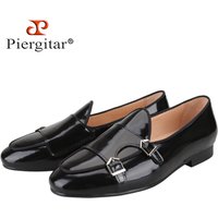 Piergitar Handcrafted Polished Calfskin Double-Monk Belgian Loafers With Sliver Buckles For Any Occasion Wear Men's Formal Shoes