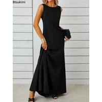 2026 Women's Summer Elegant Long Dress Fashion Solid Sleeveless O-neck Temperament Slim Maxi Dress Ladies A-line Casual Dress