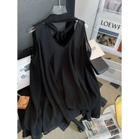 Summer 2026 V-Neck Black Belted Hanging Neck Overhead A-Line Loose Women's Top Micro-Light Sleeveless Chiffon Blouse
