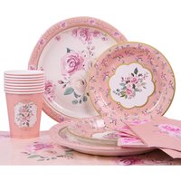 Vintage Flowers Pink Gold Disposable Cutlery Tableware Plates Cups Birthday Wedding Party Decoration Garden Tea Party Supplies