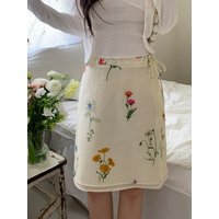 Korean Gentle Floral Print A-Line Midi Skirt Women's Beautiful Drawstring Belted Half-length Skirts Spring 2026 Ladies' Fashion