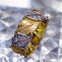 Huitan Fresh Leaf Women Two Tone Ring Inlaid Brilliant Cubic Zirconia Fashion Versatile Wedding Engagement Accessories Jewelry