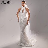 Julia Kui Elegance Halter Collar Mermaid Wedding Dress Beading 3D Flowers Shiny Lace Vestido De Noiva Trumpet Bridal Gowns