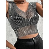 Top court sexy Y2K d'été à col en V, transparent, en résille, style corset, pour femmes, à porter sur un bikini, avec strass, en maille, pour plage, soirée, club, débardeur 2026
