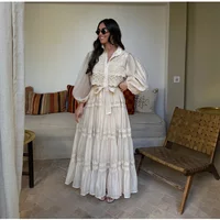 Hollow Out Knitted Patchwork Belts Long Dress Women Evening High Waist Elegant Lapel Pleated Dresses Holiday Ruffle Robe