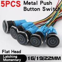 5PCS 16/19/22mm Metal Button Switch Black Shell Flat Head Waterproof LED Momentary Reset Latching Button Switch 12V 24V 220V