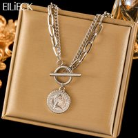 EILIECK 316L Stainless Steel Portrait Coin Pendant Necklace For Women Fashion Silver Color Neck Chain Waterproof Jewelry Gift