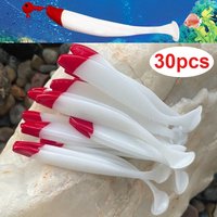 30pcs Soft Fishing Lures Simulation Paddle Tail Plastic Baits Artificial Swimbait Red Head White Body T Tail Bait for Bass Trout