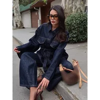 2026 hot Women Fashion 2 Pieces Sets with Belt Denim Jackets & Vintage Front Zipper Jeans Trousers Feamle Lady Pants Sets