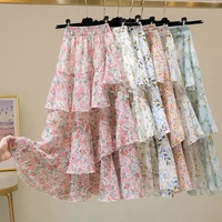 Hot Sale Floral Skirt Women New Summer 2025 Sweet Ruffled A-line Chiffon Long Skirt Woman Korean Clothing