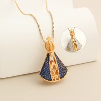 Nossa Senhora Aparecida Necklace for Women Blue Stone Catholic Pendant 18K Gold Plated Non Tarnish Gift