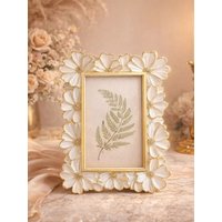 French Floral 3D Photo Frame, White Gold Lace Petal Picture Frame, Luxury Home Decor Ornament for Living Room & Study Display