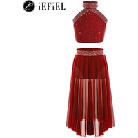 Girls Modern Lyrical Dance Costume Sparkly Dimonds Halter Crop Top with Overlay Skirts Ballerina Stage Performance Dress