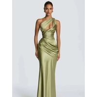 Chaxiaoa Satin One Shoulder Sexy Maxi Dress Women Elegant Diagonal Collar Cutout Ruched Bodycon Mermaid Long Evening Party Gown