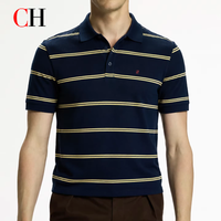 CH Embroidered Stripe Short Sleeve Polo Shirt Men Regular Fit Pique Fabric American Style Casual Daily Wear Tops