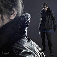 Re9 REQ Leon Cosplay Wig Evil Requiem Leon Reon Trench Black Jacket PU Leather Coat Scott S. Kennedy Halloween Mens High-quality