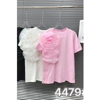 3D Flowers Stitch Short Sleeve Cotton Tshirt Three-Dimensional Big Flower Loose Casual T-shirt for Women Tops Tees White Pink