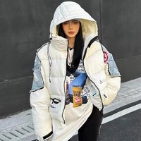 Women Thickened White Duck Down Jacket Trendy Denim Splicing Down Jacket Short Section Hooded Color Collision Parker Jacket Coat