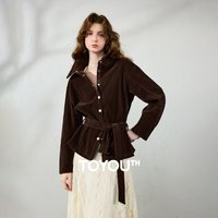 Veste Femme TOYOUTH 2026 Nouvelle Collection Automne Rétro Safari en Daim Café Foncé Ceinturée Style Urbain Nomade Ample