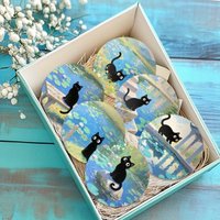 2D 10cm Black Cat Lotus Round Wooden Coaster Monet's River Durable Dining Table Mug Perfect Partie Artwork Protecting Tabletop